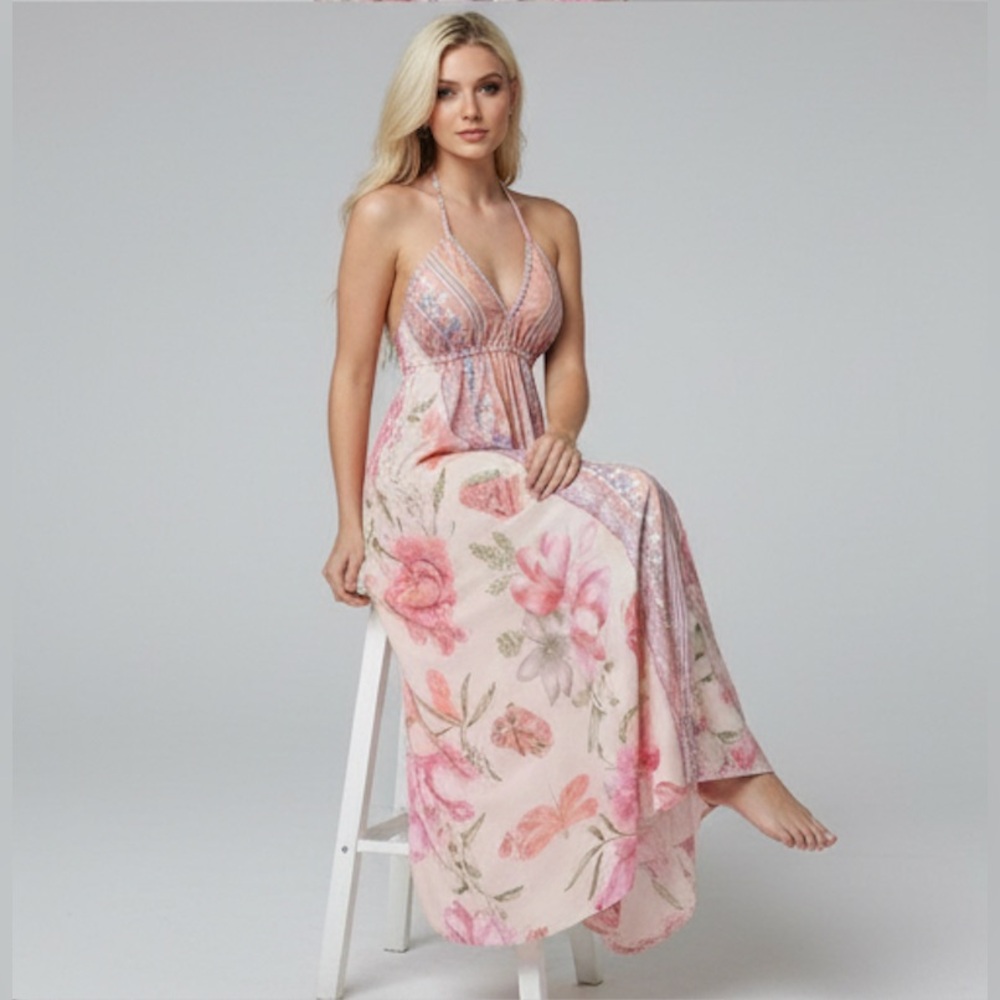Boho Pink Floral Halter V- Neck Maxi Dress Low Back - Picture 5 of 12